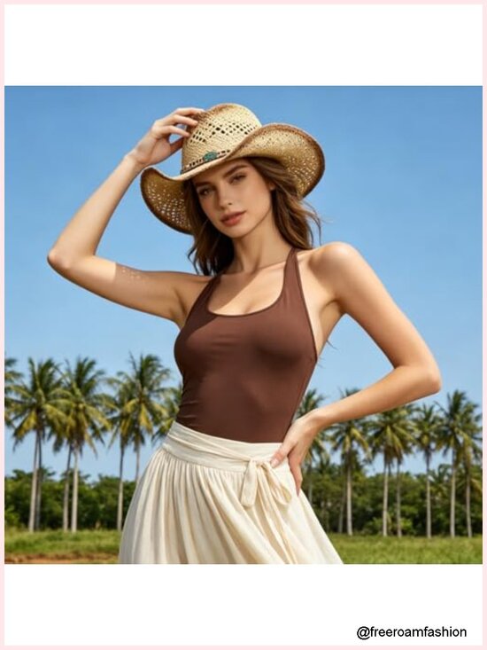 Straw Cowboy Hat with Beaded Band, Shapeable Wide Brim Crochet Sun Hat main image 4